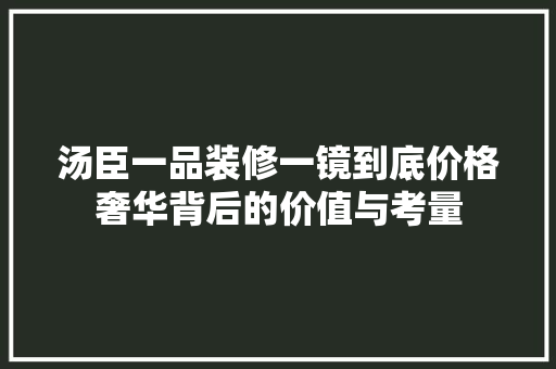 汤臣一品装修一镜到底价格奢华背后的价值与考量